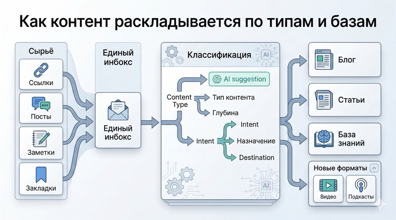 Схема классификации контента: единый инбокс разбирает материалы по типу, глубине и назначению, после чего раскладывает их в блог, статьи, базу знаний и новые форматы