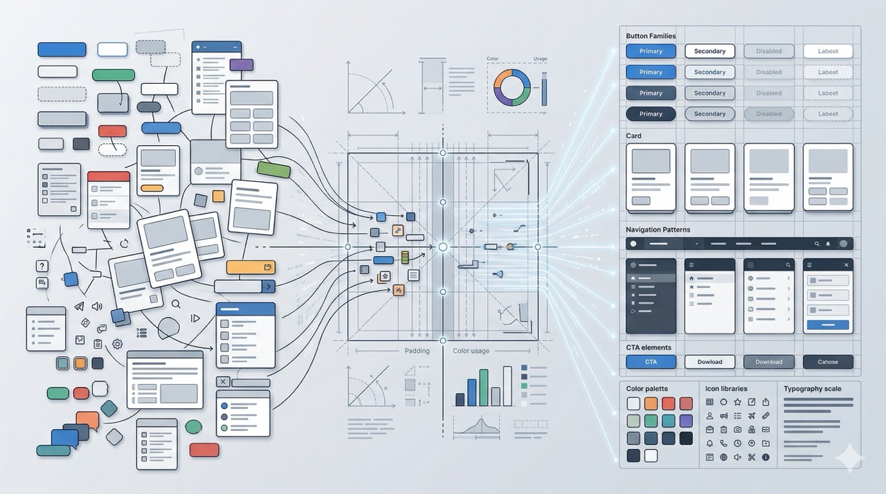 Схема перехода от разрозненных интерфейсных элементов к более цельному визуальному языку сайта