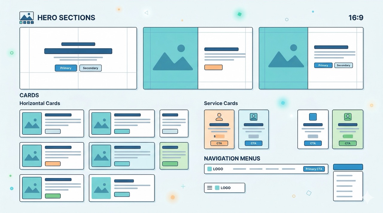 Каталог ключевых экранов и компонентов, через который собиралась новая главная и визуальный язык сайта