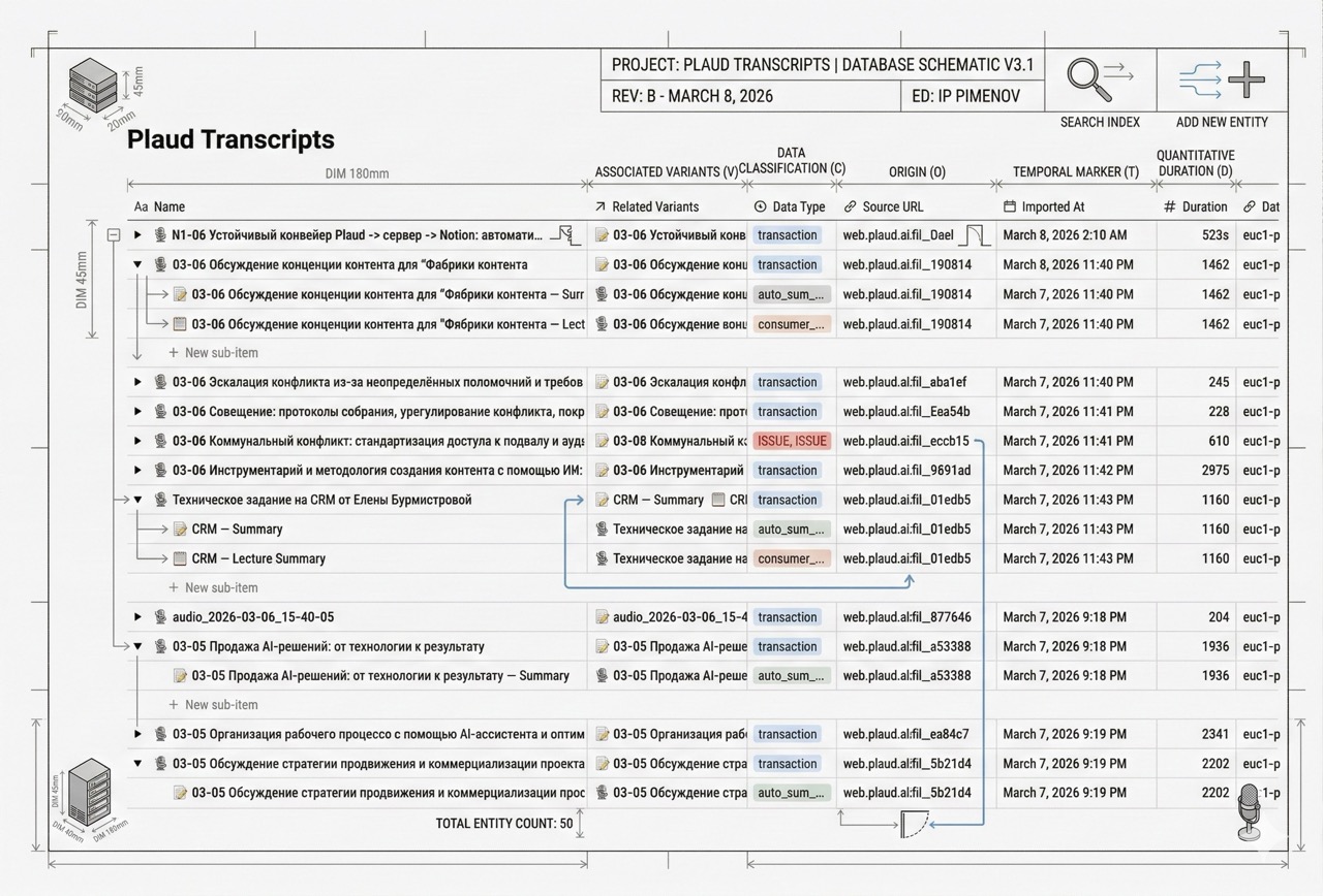 Схема структуры базы транскриптов Plaud в Notion после миграции