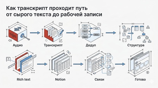 Схема пути транскрипта от аудио в Plaud до структурированной записи в Notion