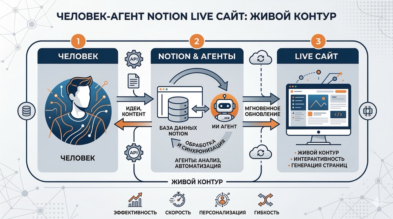 Схема живого контура сайта: человек, Notion и агенты, live-сайт и мгновенное обновление
